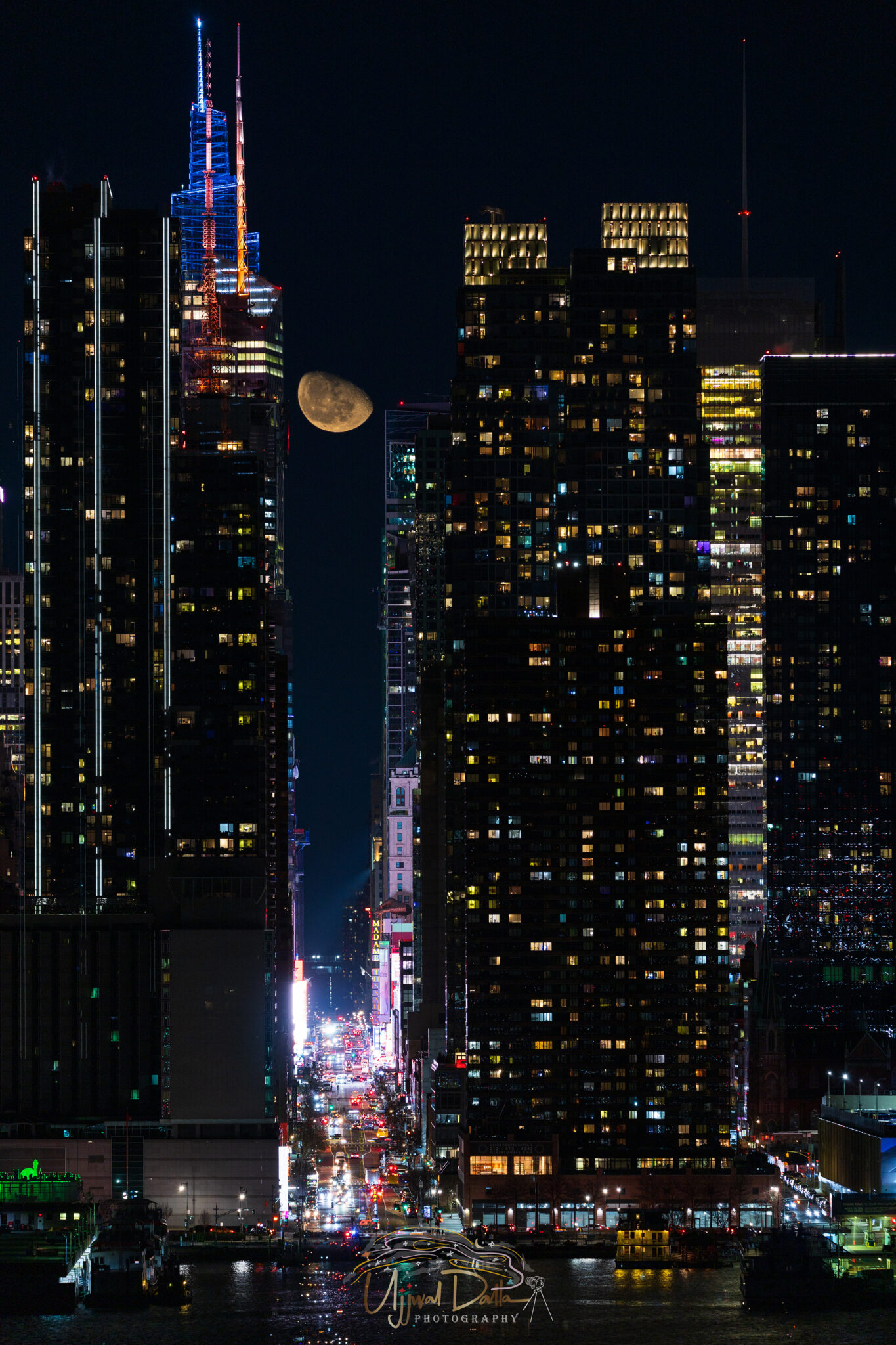 Moon henge over Times Square